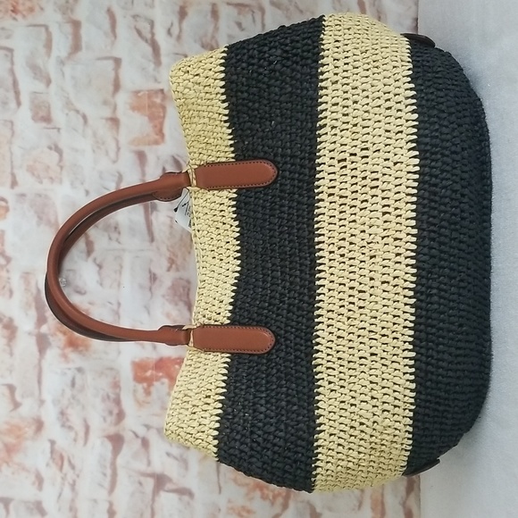 New Ralph Lauren Striped Straw Daphney Tote Bag - Picture 6 of 14